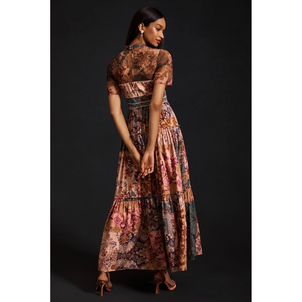 Geisha Designs Anthropologie Patchwork Floral Maxi Dress Pink Multi Mesh Size 4 - Picture 4 of 11